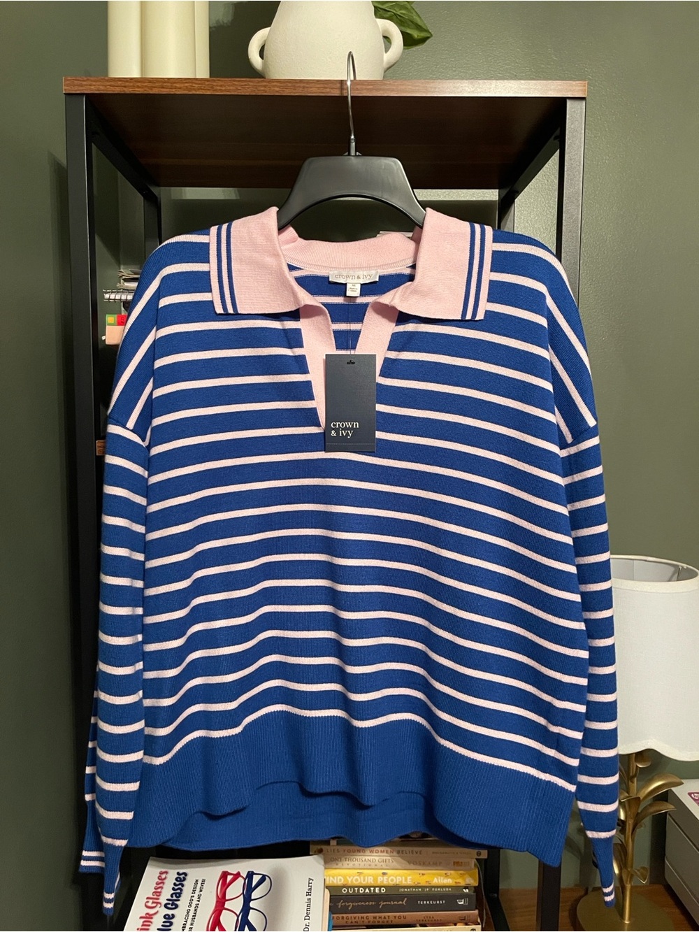 crown & ivy Navy and Pink Striped V‑Neck Polo Sweater